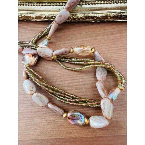 Vintage 30" 14k GE Stone Gold Glass Bead Necklace Statement green mauve Brown - Picture 7 of 14